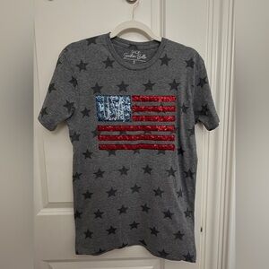 Sequin flag tee shirt Gray Star patriotic  with USA Flag embellished Design